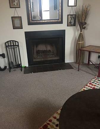 Wood burning fireplace in living room