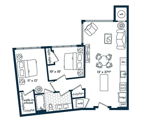 Floor plan Two Bedroom One Bath (863 SF)