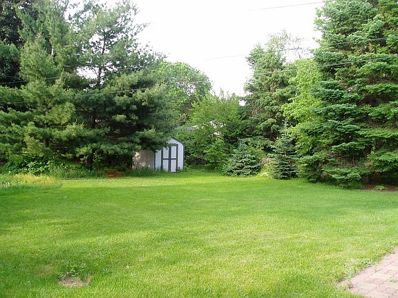 Large, open backyard with trees on all sides.  Healthy, flat lawn.