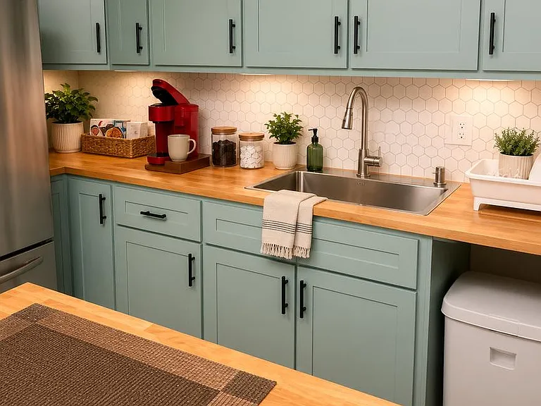 Fully equipped shared kitchen with a dedicated cabinet for each room, along with a personal set of dishes, cookware, utensils