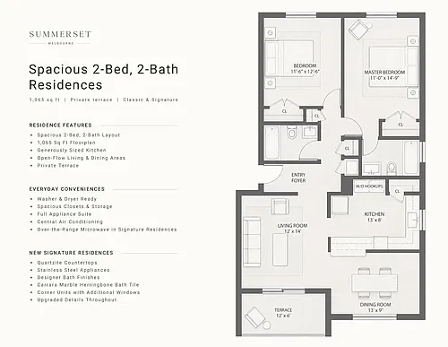 Floor plan Classic 2 Bed 2 Bath - 1065sqft - Corner