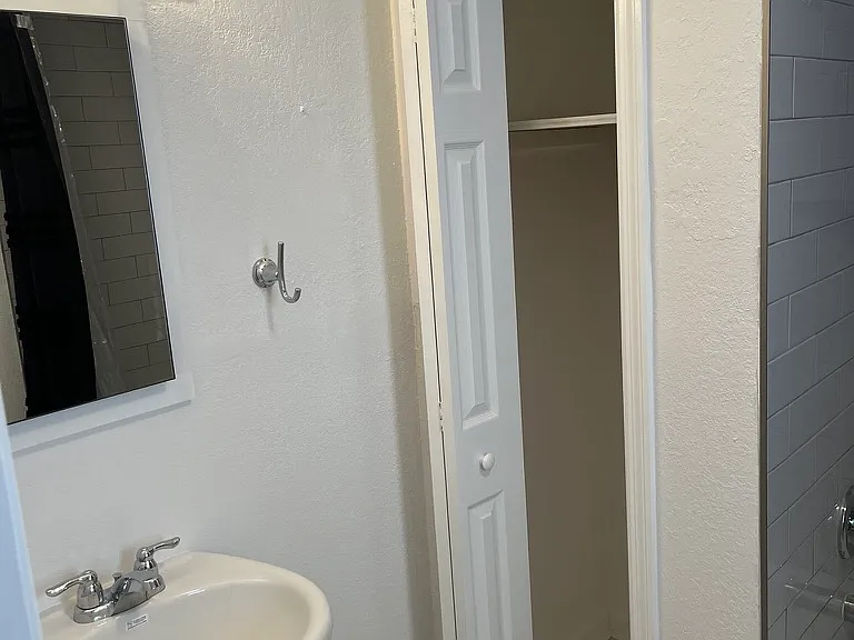 Newly renovated bathroom with medicine cabinet and displaying closet space.