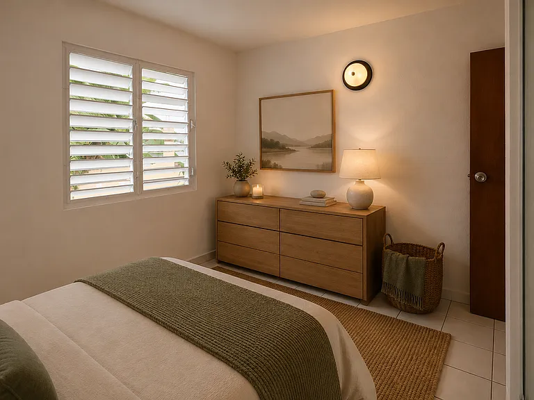 Digitally staged photo of the master bedroom to show an idea of how you can make this room your sanctuary.