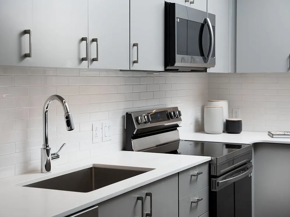 Modern kitchens with light grey cabinetry, white quartz countertops, and stainless steel appliances - Avalon Brighton