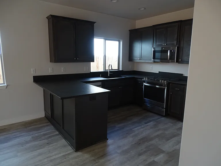 Stone counter tops, deep basin sink, gas stove, double door frig & all modern appliances.