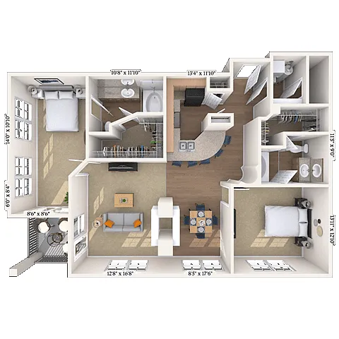 Floor plan Traditional 2x2.2 1376 SF