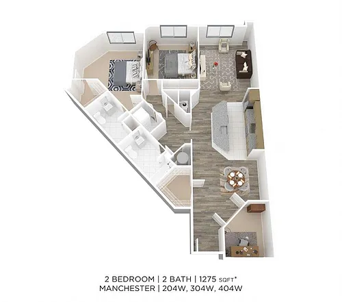 Floor plan Two Bedroom 2 Bath w/ Den- 1275 sqft