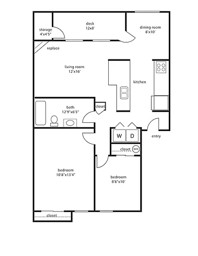 Floor plan Two Bedroom, One Bath 865 sq ft