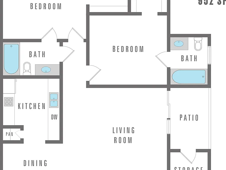 Two bedroom, two bathroom 952 sq. ft. Two bedroom, two bathroom 952 sq. ft.