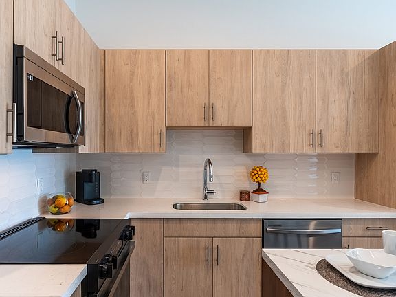 Modern kitchen with elegant wooden cabinets, stainless steel appliances, and a stylish quartz countertop.