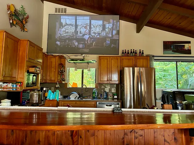 Koa wood breakfast bar projection system well stocked kitchen accessories
