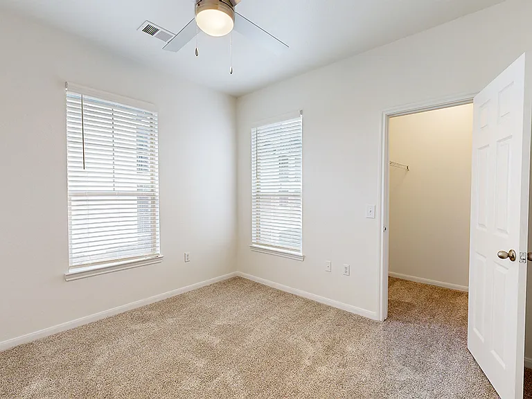 Spacious apartment bedroom with large closet and plush carpet flooring.