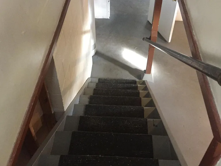 Stairs from side door landing to basement.