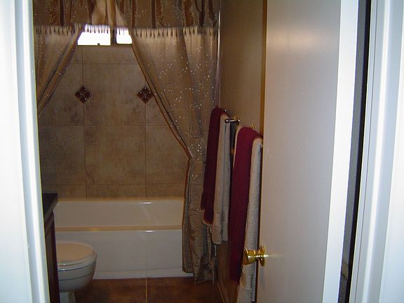 Hall bath. Custom shower surround w/ wainscot tile walls.