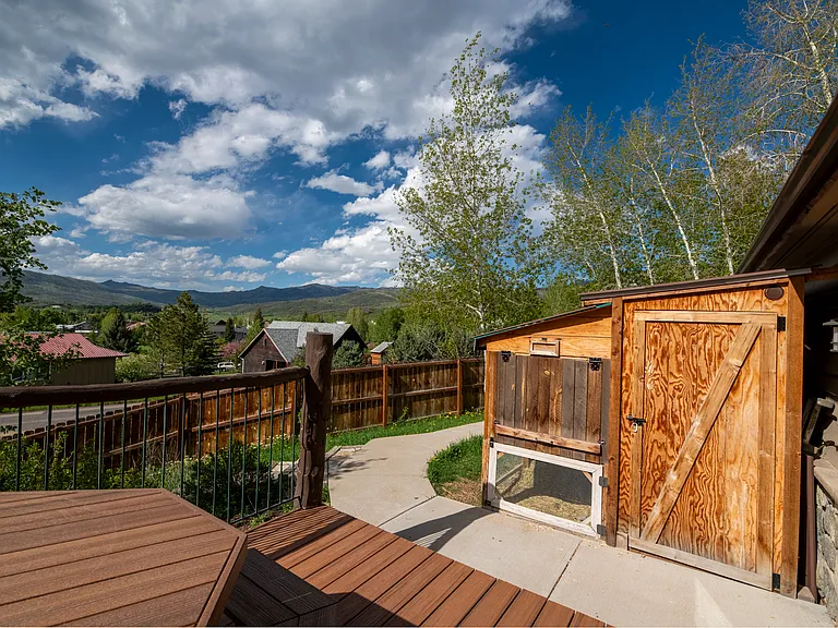 Back patio showing chicken coop and storage shed.