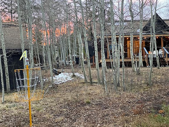 Front of house with detached garage on the left, house on the right - the property is littered with aspens