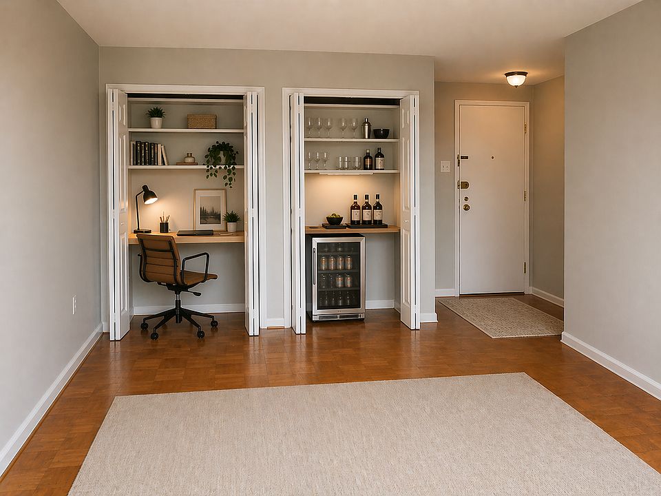 Closets in living room turned into study and mini bar