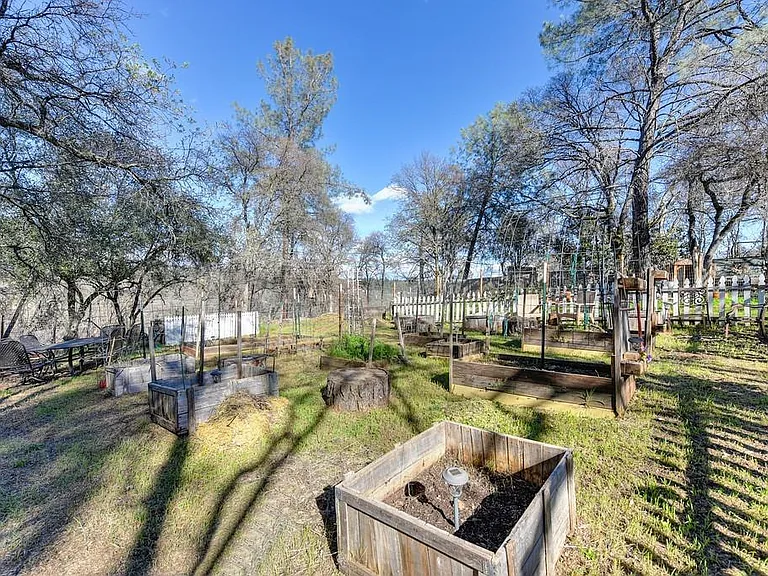 Fenced in garden area with garden beds.