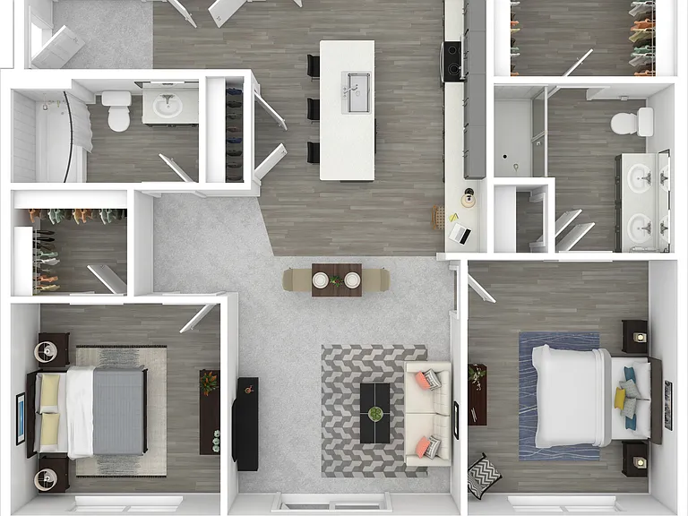 The Sycamore is your ideal 2-bed, 2-bath home base. At 1,112 square feet, it features a smart split-bedroom design, a full-size washer and dryer, and walk-in closets for extra space. The Sycamore is your ideal 2-bed, 2-bath home base. At 1,112 square feet
