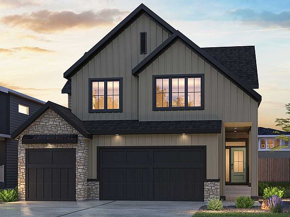 An exterior rendering of the Farmhouse style of the Matera estate model by Brookfield Residential