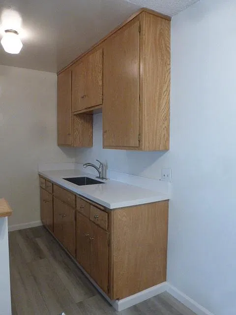 Kitchen: white quartz counter and stainless steel sink