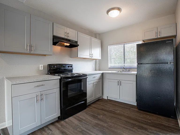 Modern kitchen with sleek cabinets, black appliances, and large window for natural light.
