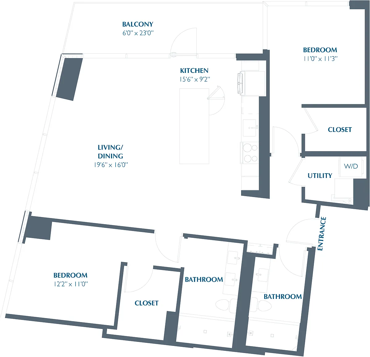 Floor plan 2BR 2BA (1251 SF)