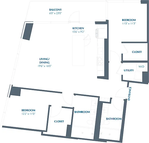 Floor plan 2BR 2BA (1251 SF)