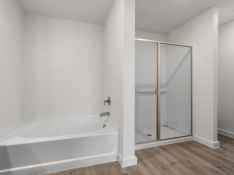 The master bathroom has a glass walk-in shower and garden tub.