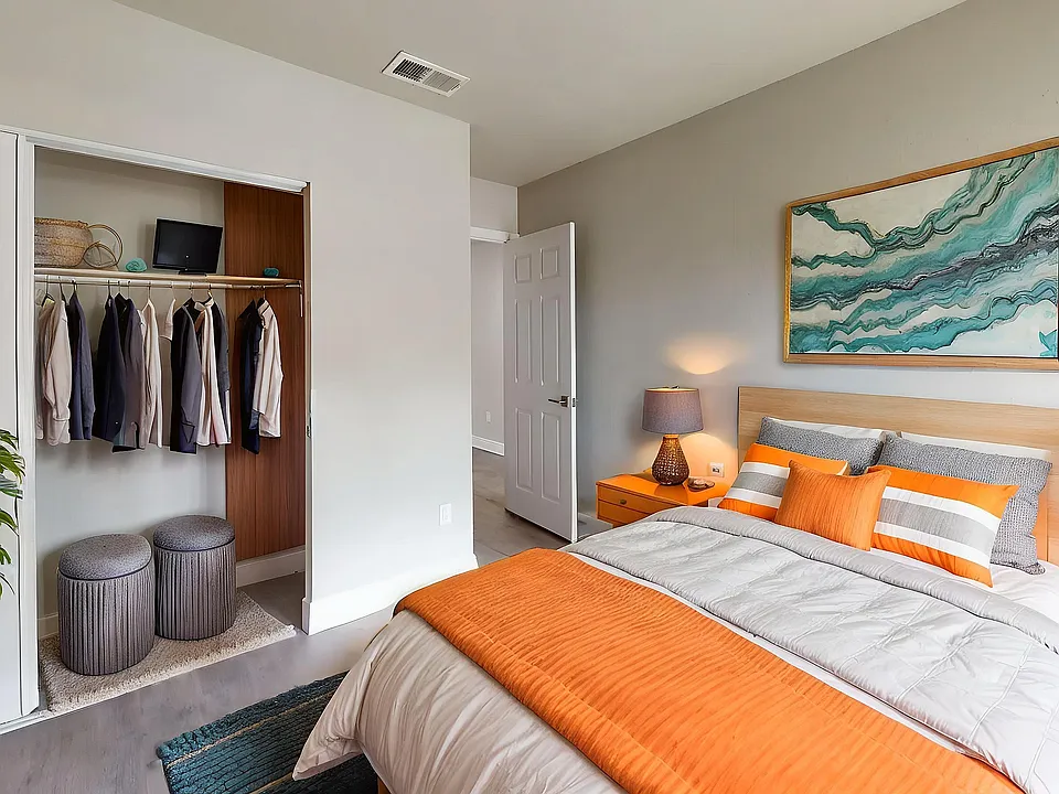 Bright and inviting bedroom with a modern design, featuring a cozy bed with orange accents, an open closet neatly organized, and stylish decor.
