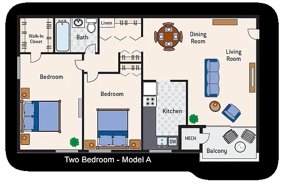 Floor plan 2 Bedroom 1 Bath Type A