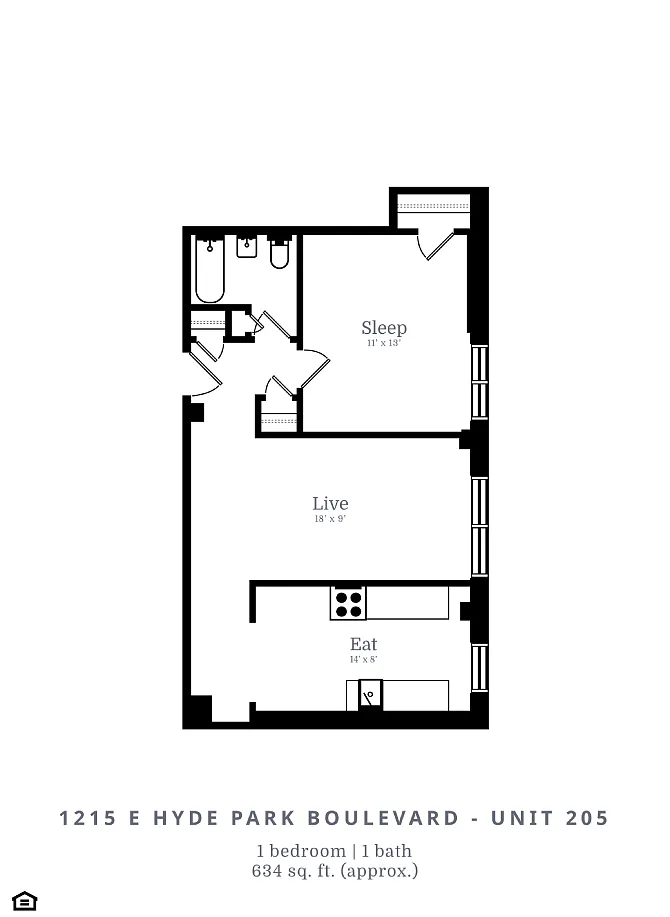 Floor plan 1 Bedroom | 1 Bath (B6)