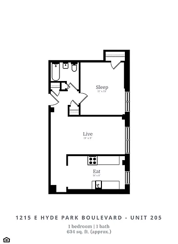 Floor plan 1 Bedroom | 1 Bath (B6)