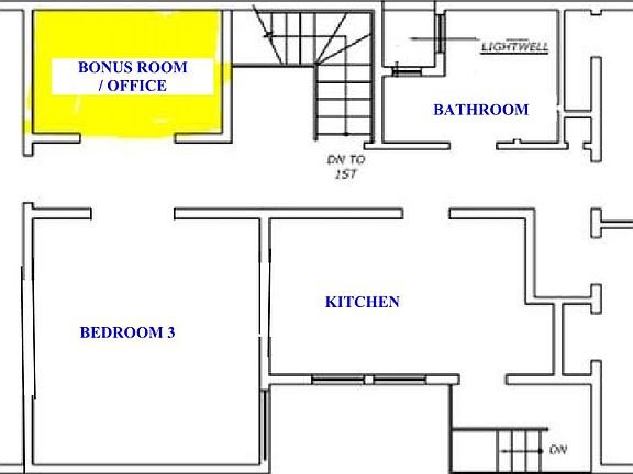 Floor plan shows communal spaces, 3 bedrooms, 1 bathroom and 1 bonus room that can be used for office/workout space/storage.