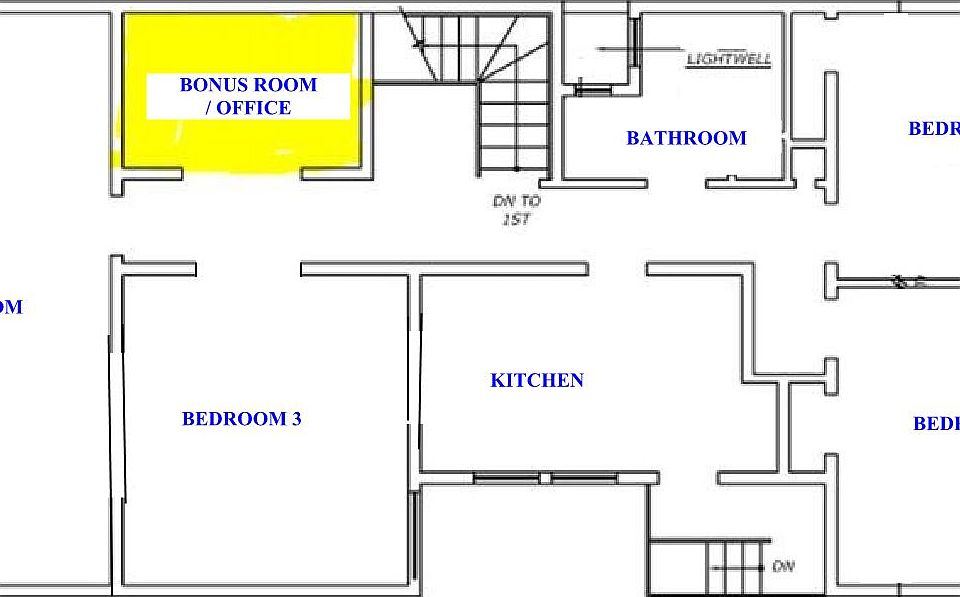 Floor plan shows communal spaces, 3 bedrooms, 1 bathroom and 1 bonus room that can be used for office/workout space/storage.
