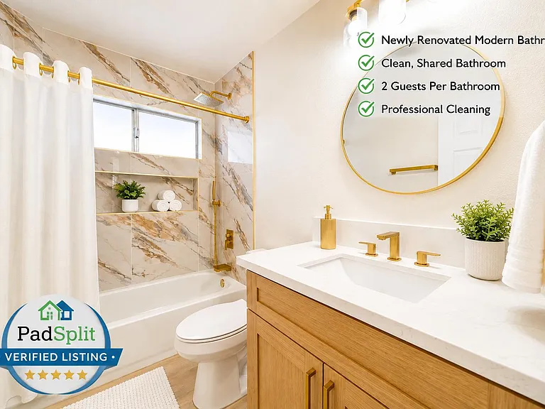 Updated shared bath with tub/shower, built-in niche shelving, wide vanity counter, and a large round mirror.
