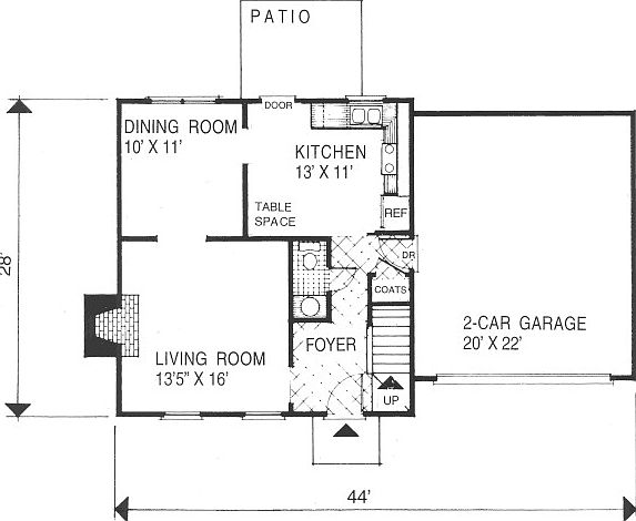 Living room & Dinning room separated by knee wall, coat closet added in foyer.