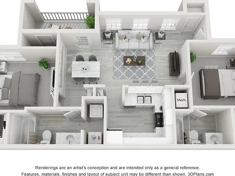 A 3D floor plan rendering of our 2 bedroom apartment