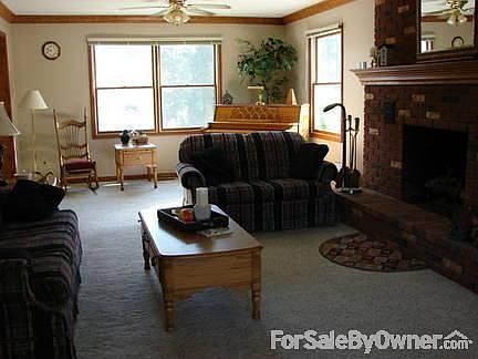 Large, open living room with fireplace