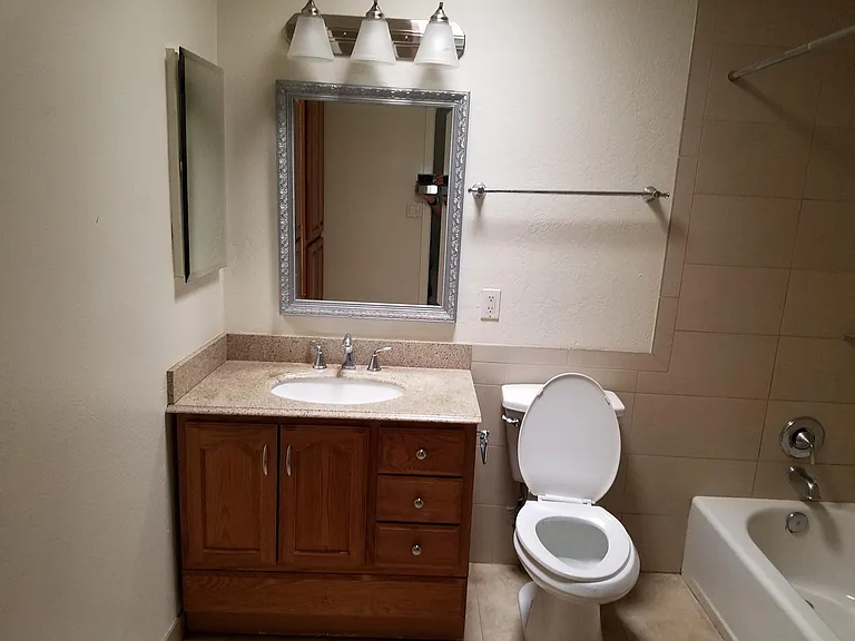 Main bath with tub, shower and storage