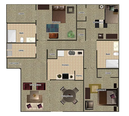 Floor plan Three Bedroom Two Bathroom