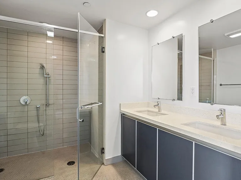Bathroom with Large-Size Walk-In Shower and Double-Sink Vanity