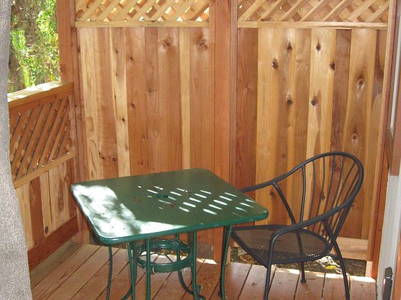 Redwood porch with cafe table