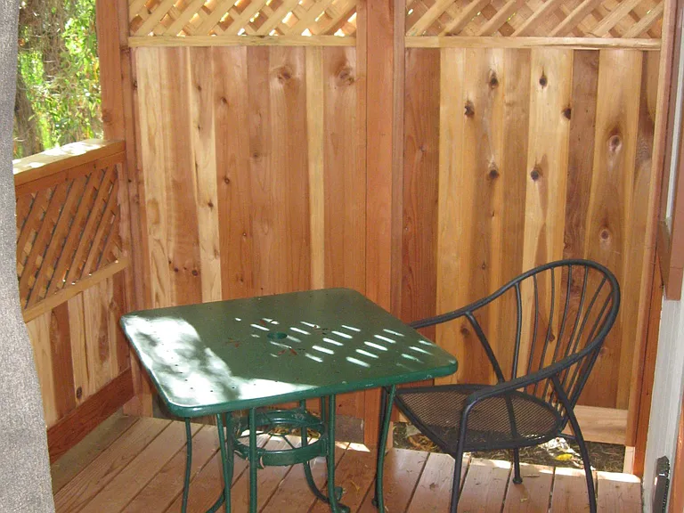 Redwood porch with cafe table