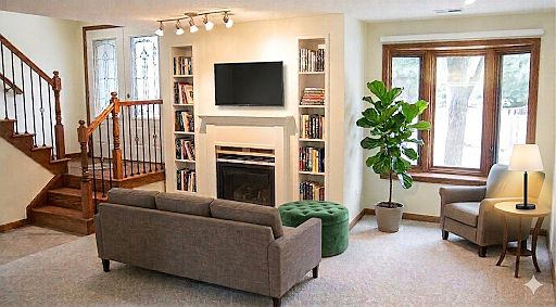 Living room with fireplace, built-in bookcase.