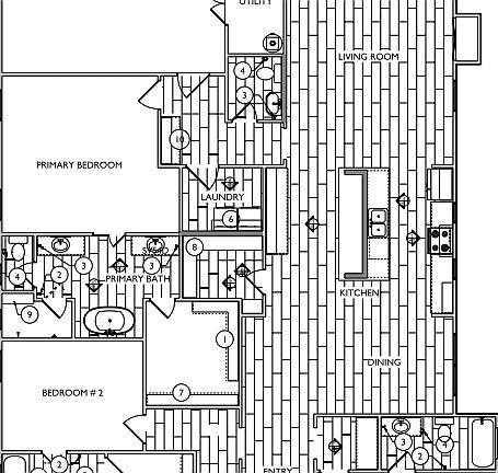 Black and white floor plan of a house featuring a 2-car garage, covered porch, four bedrooms, four b
