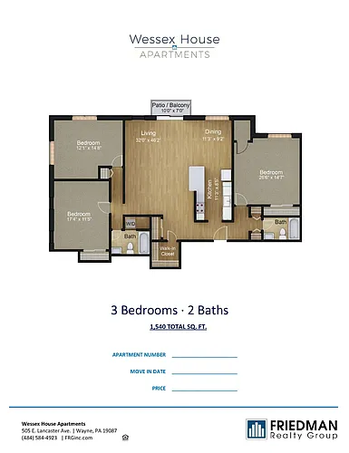 Floor plan 3 Bed x 2 Bath 2A