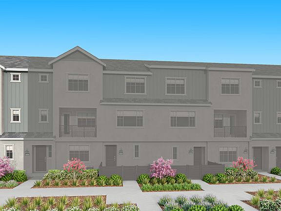 The image depicts a multi-story residential building with a gray exterior, surrounded by landscaped