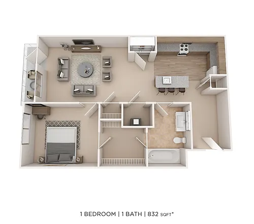 Floor plan One Bed One Bath - 832 SqFt