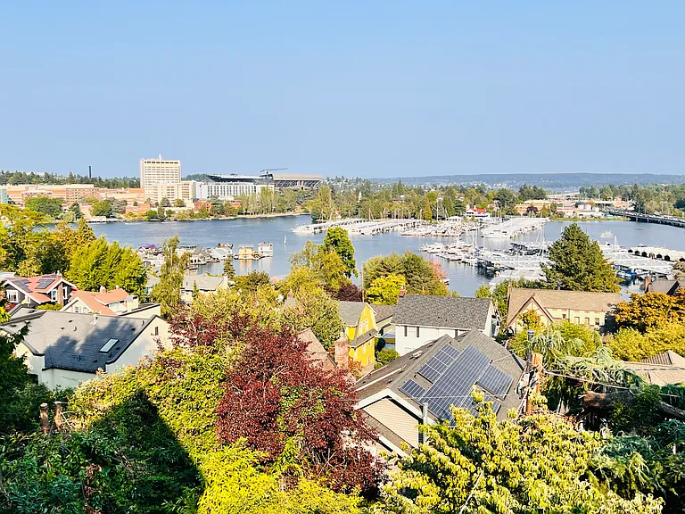 The view from the deck on the Portage Bay. Overlooking the Queen City Yacht Club and the University of Washington.